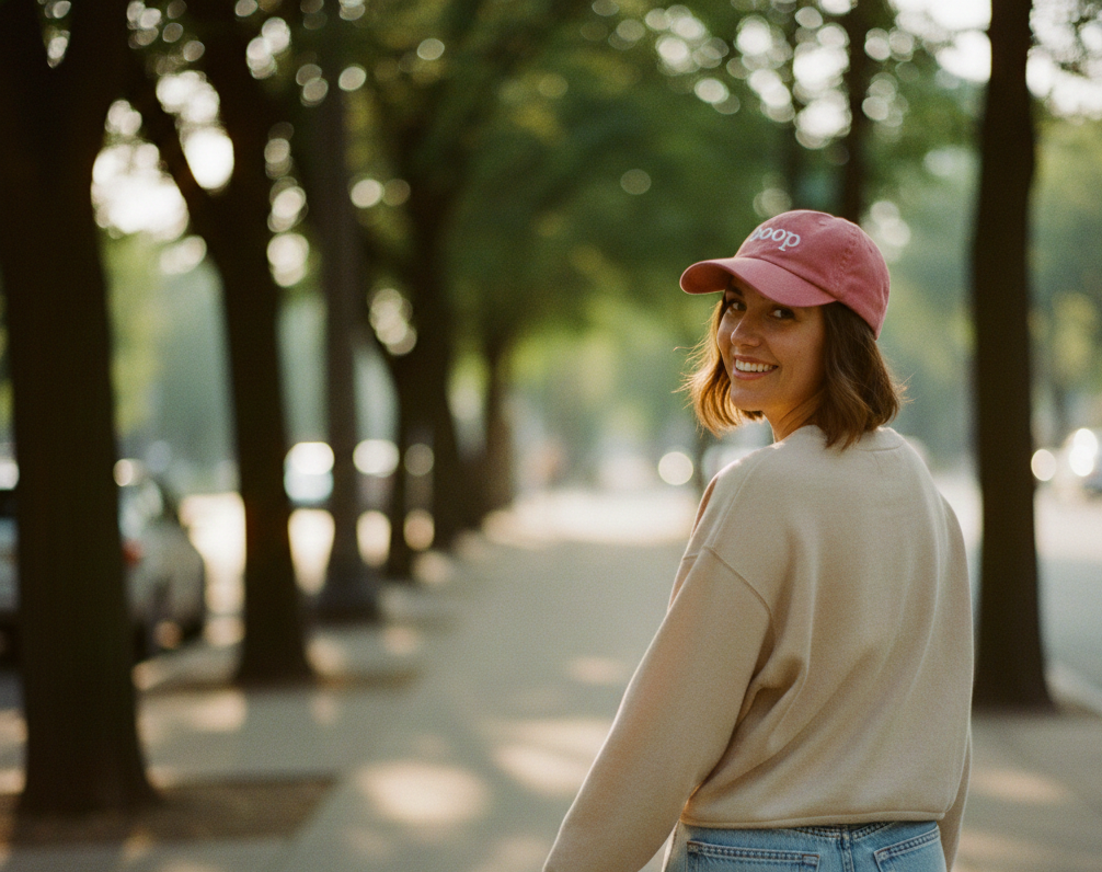 Woman wearing a pink cap and beige sweater standing on a tree-lined street.